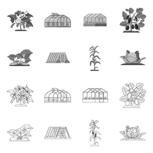 温室和植物标志的向量例证。一套温室和花园矢量图标的股票
