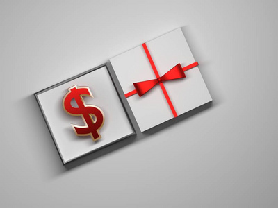 美元标志放在一个打开的白色礼品盒里。白色背景上带有红色蝴蝶结的礼品盒的顶部视图。三维插图。