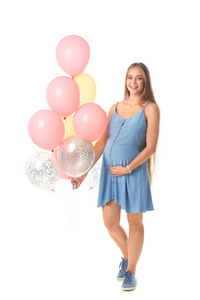 美丽的孕妇，白色背景的气球