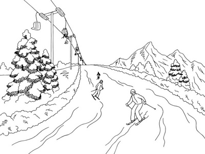 人们在山上滑雪,黑白风景素描插图矢量照片