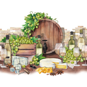 水彩桶, 葡萄盒, 酒杯和瓶子, 奶酪和八角
