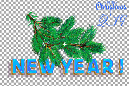 杉树枝。 圣诞快乐魅力背景与松树枝和问候文字。 新年快乐2019年贺卡。