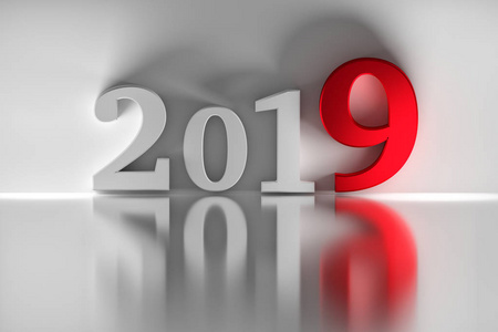 新年贺卡2019年白色和红色数字白色反光背景。 三维插图。