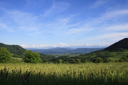 风景如画的草地和山脉与天空背景