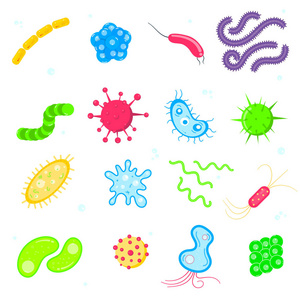 细菌微生物细菌和病毒五颜六色。 病毒和感染彩色集微生物疾病对象细胞癌矢量平面样式设计矢量插图分离。