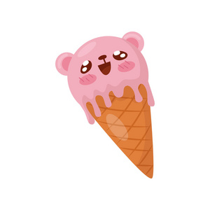 粉红色冰淇淋在华夫饼锥, 可爱的可爱逗人喜爱的食物动画片字符向量