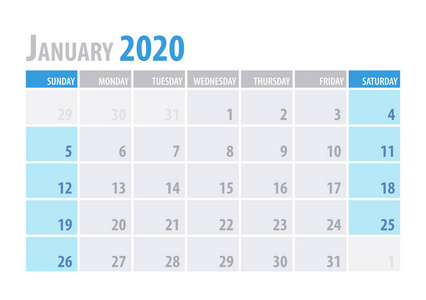 一月。日历规划2020在干净的最小表简单样式。向量例证