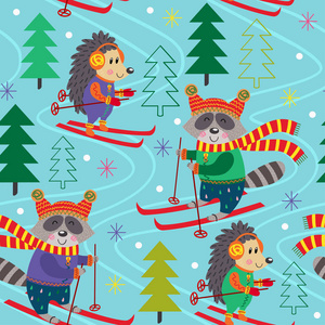 无缝图案冬季乐趣与动物滑雪矢量插图EPS