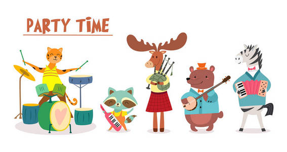 苏格兰音乐家时尚的卡片或海报与可爱的动物乐队卡通风格.