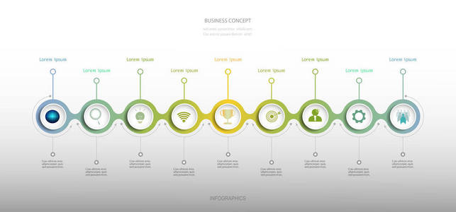 信息图形矢量设计模板与彩色圆圈标签设计。矢量插图业务概念与图标9步骤。信息图形元素的工作流布局图网页设计。