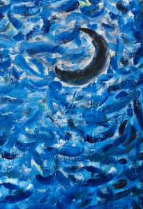 黑月在蓝天上,油画,手工画笔,特写抽象的蓝色背景,在画布上大笔笔触.