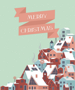 可爱的圣诞贺卡与冬季景观和房子在斯堪的纳维亚风格。 可编辑矢量插图