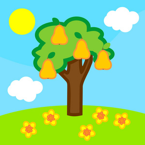 有成熟果实的梨树,蓝天,白云,黄日的卡通夏季景观照片