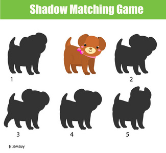 儿童影子匹配游戏。 为小狗找到正确的影子。 学前儿童和幼儿活动
