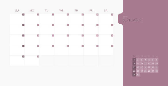 日历设计模板2019年简单计划9月周从星期日开始。 设计印刷模板与地方标志公司。 平面矢量图eps10。