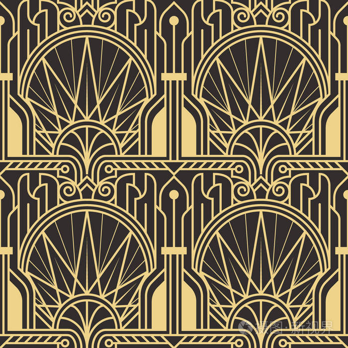 矢量现代几何瓷砖图案。 金色的内衬形状。 抽象艺术装饰无缝豪华背景。