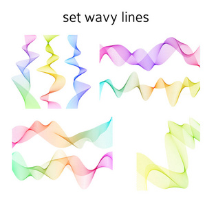 许多彩色线条的波浪。 孤立的白色背景上抽象的波浪条纹。 创意线条艺术。 矢量插图EPS10.使用混合工具创建的设计元素。 弯曲光