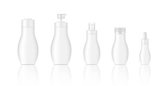 模拟真实的白色喷雾滴管泵化妆瓶设置肥皂洗发水或洗剂背景说明