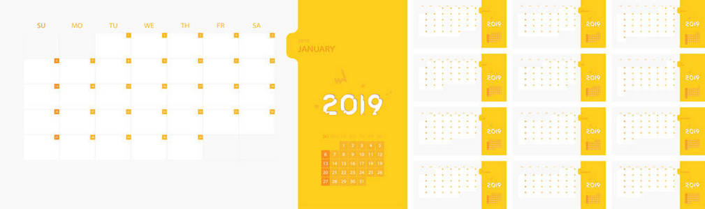 2019年简单计划周的日历设计模板将于周日开始。 设计印刷模板与地方标志公司。 平面矢量图eps10。