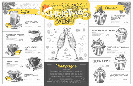 复古假日圣诞菜单设计与香槟。 餐厅菜单