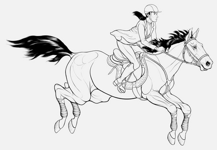线性插图设计的骑马商品或越野马术. 骑马和女运动员通过这条路线.