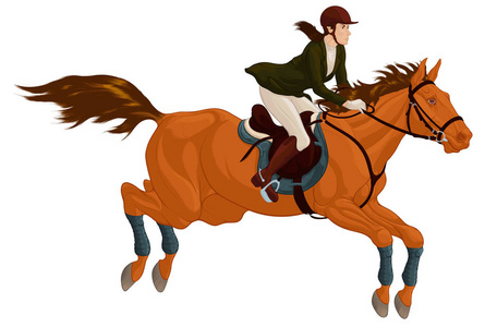 骑手和种马在表演跳跃过程中谈判障碍。 为骑马商品或越野马术设计的插图。 骑马和女运动员通过比赛路线。