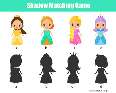 找到正确的影子. 有美丽的仙女公主的学龄前儿童活动照片
