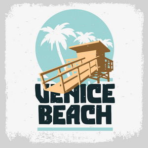 威尼斯海滩洛杉矶加州救生员塔站海滩救援棕榈树标志标志标签设计促销广告 t 衬衫贴海报传单矢量图