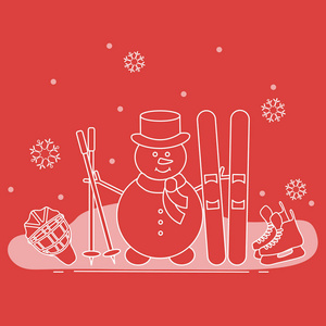 在户外享受冬天。 带滑雪和曲棍球设备的雪人。 矢量卡通滑雪者符号。 活动生活方式广告设计。