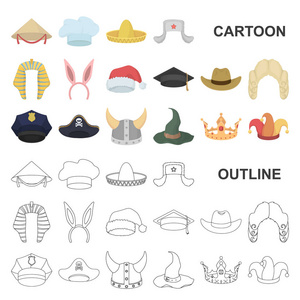 不同种类的帽子卡通图标集为设计集。头饰矢量符号股票网页插图