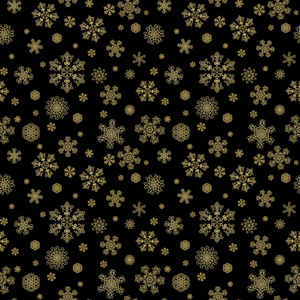 冬季黑色手绘无缝图案印花与金色美丽雪花。 豪华背景与金色雪晶。 新年快乐，圣诞快乐。 纺织壁纸包装印花