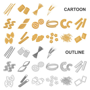 类型的面食卡通图标集收集为设计。计算的通心粉吃矢量符号股票 web 插图