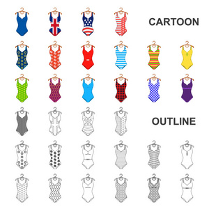 不同类型的泳装卡通图标集合中的设计。游泳配件矢量符号股票网页插图