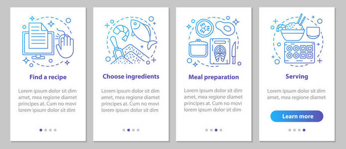 餐饮入职移动应用程序页面屏幕与线性概念。 选择食谱，配料，食品准备，服务步骤，图形说明。 UXUI GUI矢量模板，插图