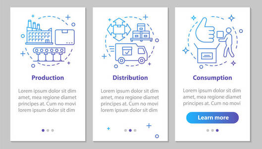 工业部门入职移动应用程序页面屏幕与线性概念。 制造业。 生产分配消耗步骤图形说明。 UXUI GUI矢量模板