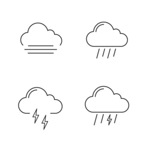 天气预报线性图标设置。 秋天。 雾雨天气雷雨。 细线轮廓符号。 孤立矢量轮廓插图。 可编辑行程