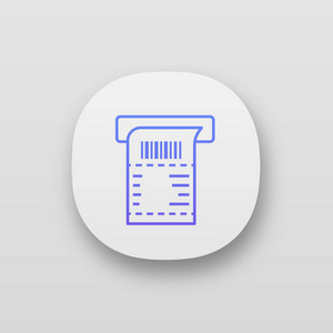 自动取款机收据应用程序图标。 用户界面ux用户界面。 付款终端纸支票。 比尔。 销售收据。 网络或移动应用程序。 矢量孤立插图