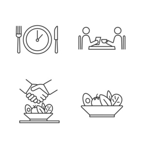 商务午餐线性图标设置。 晚餐休息咖啡馆会议做交易超过餐沙拉。 细线轮廓符号。 孤立矢量轮廓插图。 可编辑行程