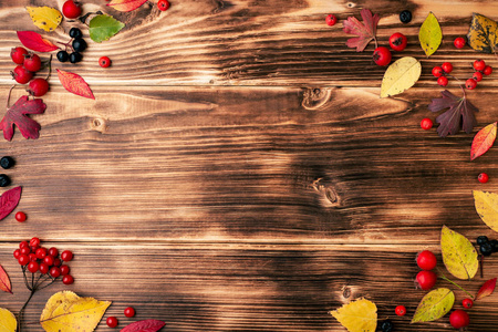秋天的叶子和浆果在黑暗的木制背景上。 上面的风景。 复制空间。
