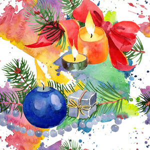 圣诞节寒假蜡烛和圣诞玩具在水彩风格隔绝。无缝的背景模式