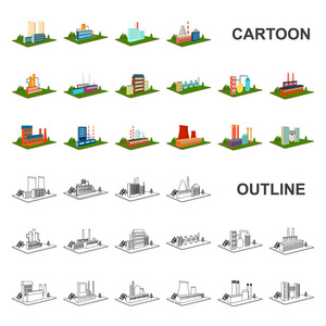工厂和工厂的卡通图标集集为设计。生产和企业向量等距符号库存 web 插图