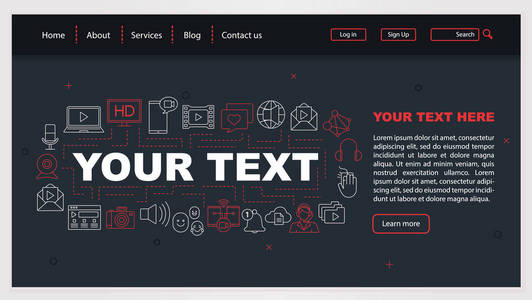 网页设计矢量模板。 视频内容分享。 流媒体。 网站界面理念与线性插图。 登陆页面布局。 网页横幅网页颜色概念
