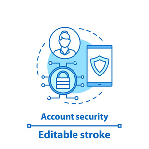 帐户安全概念图标。 网络安全理念细线插图。 安全授权。 用户帐户安全。 矢量孤立轮廓绘制。 可编辑行程