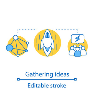 收集想法概念图标。 启动启动想法细线插图。 联网。 内容分享。 矢量孤立轮廓绘制。 可编辑行程