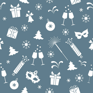 无缝图案与新年符号。 礼品鞭炮烟花珠眼镜与香槟钟圣诞树面具日历星雪花。