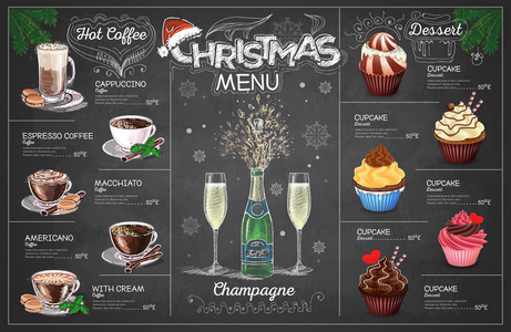 老式粉笔画圣诞菜单设计与香槟。 餐厅菜单