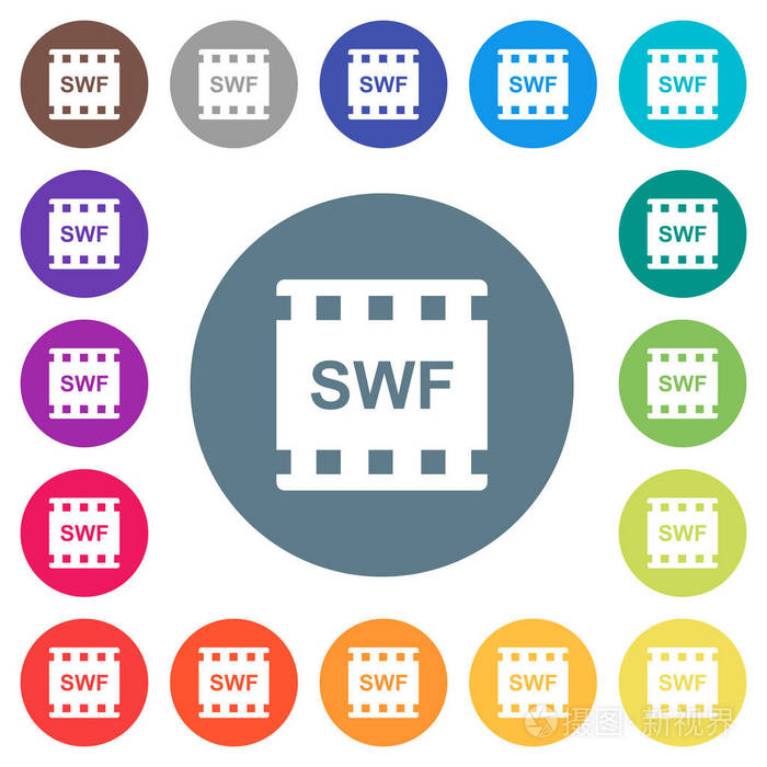 SWF电影格式平面白色图标在圆形颜色背景。 包括17种背景颜色变化。插画