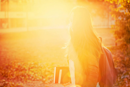 年轻的女人拿着书在橙色的日落光线背景下。 学生女孩剪影去学校秋日。