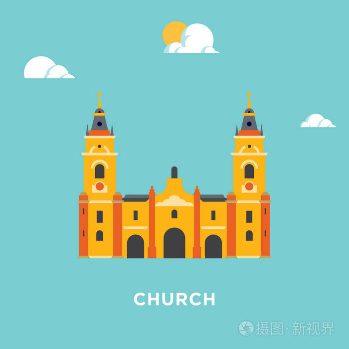 蓝色背景上的平面彩色教堂