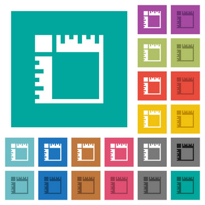 帆布尺子多彩色平面图标在普通的方形背景。 包括白色和较暗的图标变化悬停或活动效果。